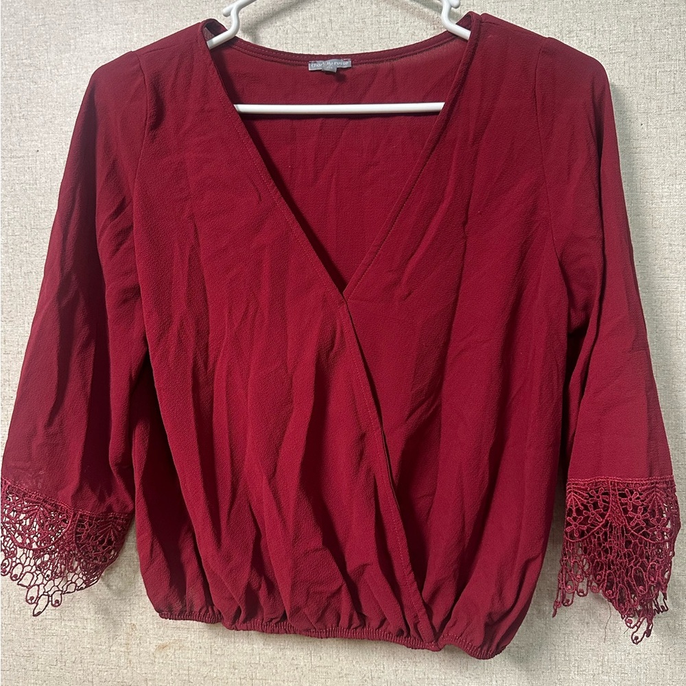 Charlotte Russe Deep Red Wrap Blouse with Lace Trim
